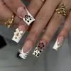 Uñas Postizas Rectangulares Medias con Patrón de Cebra, Flor Francesa, Moño, Bola de Acero, Desmontables, Piezas de Uña