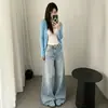 Jeans de guadaña lavados retro americanos para mujer, nuevo estilo de otoño, de cintura alta, holgados, de pierna recta, de pierna ancha, pantalones de guadaña hasta el suelo