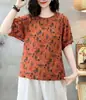 Playera Artística de Algodón y Lino para Mujer Top de Color Suelto Casual Retro para Viajar Verano Manga Corta Estampada a la Moda
