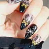 24 Piezas/Set Uñas Postizas Almendradas Negro Brillante Diseño de Encaje con Lazo Dorado 3D y Adorno de Perla Uñas Postizas Reutilizables para Mujeres Niñas Manicura Gótica Lolita para Fiesta
