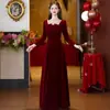 Vestido de Noche Red Velvet para Mujer, Elegante Vestido Cuadrado de Manga Larga para Fiesta de Compromiso y Brindis, Vestido Largo Ajustado para Anfitriona de Banquete para Mujer