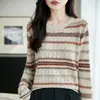 Suéter Pulóver Jacquard Fair Isle Retro para Mujer, Rayas de Colores Textura Hueca Holgado Manga Larga Casual