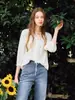 Camisa blanca estilo francés con cuello en V Qiaomi para mujer, nuevo modelo otoño 2026, ribete de encaje, teñido tie-dye, mezcla de lino, top ligero