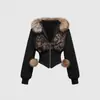 Sudadera cárdigan patchwork estilo retro americano con cuello de pelo, chaqueta corta casual con cremallera, entallada y que ajusta la cintura