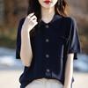 Primavera/Verano 2024 Nueva Blusa Cárdigan Tejida de Lana Merina Superfina de Solapa de Color Sólido Manga Corta Simple Combina con Todo