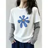 2026 Nueva Camiseta de Manga Larga Rayada Falsa de Dos Piezas 100% Algodón Hombro Normal para Mujer Estilo Coreano ins Top de Talla Grande Ropa Interior Camiseta Base