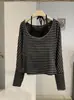 Conjunto Duas Peças KEKEZOON Camiseta Listrada Color Block com Gola U e Manga Longa + Top Halter com Alças e Sutiã Embutido para Mulheres 9181