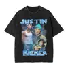 Camiseta Lavada Retro de Justin Bieber para Hombre Top de Algodón para Mujer Estilo Hip-Hop Casual