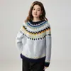 Suéter de punto grueso Jacquard Fair Isle de cuello redondo de cachemira para otoño e invierno, nuevo, suelto, versátil para mujer