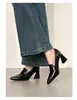 Disponível Entrega Imediata Mocassins de Pele de Ovelha Bico Fino para Mulheres, Salto Alto Robusto, Outono 2026 Retro Francês Couro Macio Sapatos de Trabalho