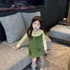 Vestido de niña para primavera y otoño, 26 estilos nuevos, vestido chaleco de pana para niños con dobladillo volante, conjunto de vestido verde