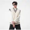 Chaleco de Punto con Cuello en V Estilo Universitario para Hombre Otoño e Invierno Retro Americano Holgado Sin Mangas Chaleco Suéter Jersey Prendas de Abrigo para la Cintura