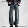 Calça Jeans Masculina Estilo Americano Rasgada com Fenda Bigode, High Street Vintage Lavado, Silhueta Tendência, Perna Larga