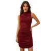 Vestido mini bodycon sin mangas de cuello alto fruncido estilo europeo y americano, corte ajustado, elástico, vestido ajustado sexy para club nocturno para mujeres