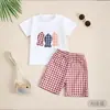 2025 Novo Bebê Crianças Moda Verão Três Peixes Bordados Respirável Camiseta Xadrez Finos Shorts Conjunto de Duas Peças