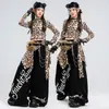 Figurino de dança jazz para meninas, conjunto de roupa de dança cropped com estampa de leopardo para crianças, roupa da moda street dance para desfile infantil, figurino de performance para meninas