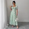 Vestido Feminino Floral Estilo Francês com Mangas Bufantes e Decote em V - Novo Lançamento 2026 - Transfronteiriço