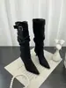Botas de gamuza con volantes y punta fina para mujer, tacones de aguja, moda coreana otoño 2026, con hebilla de cinturón, botas largas de tacón alto