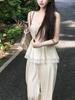 Top de encaje, Cuello de hoja de loto, Top de tirantes, Pantalones de calabaza, Cárdigan de punto, Estilo Soft Girl, Cintura delicada, Conjunto de dos piezas de verano