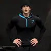 Camisa de Running Training Fitness Ciclismo de Secado Rápido con Capucha y Media Cremallera para Hombre, Corte Americano Delgado, Tiburón, Manga Larga