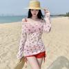 Traje de Baño Nuevo 2025 para Mujer Sexy Deseo Puro Spice Girl Elegante Manga Larga Cuello Halter Blusa Bikini Dividido Tirante Fruncido