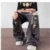 Calça jeans masculina com design rasgado estilo americano, calça pantalona retro trendy de alta rua, calça leve de verão