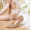 Sapatos de dama de honra de salto agulha pontudo, sapatos de camada única femininos 2023, novos saltos altos sexy de corte baixo e primavera e outono