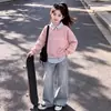 Conjunto Versátil de Moletom com Capuz Patchwork Listrado Individual Elegante para Meninas Outono Jeans Estilo College