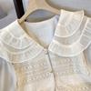 Foto Real de Primavera y Otoño 2024 Nueva Camisa de Diseño de Cuello de Muñeca de Doble Capa Falsa de Dos Piezas Encaje Empalmado Top Albaricoque para Mujer