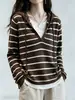 Suéter de punto con capucha a rayas para mujer, principios de otoño, estilo perezoso, holgado, moderno, elegante, rejuvenecedor, prenda interior, sudadera con capucha básica