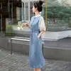 Novo Vestido Jeans Patchwork Estilo Nacional Chinês para Mulheres, Novo Modelo de Verão, Petite, Elegante, Com Cinto na Cintura, Manga Curta, Vestido Fino