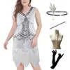 Vestido de Fiesta Retro de los Años 20 S-4XL con Lentejuelas y Flecos Tallas Grandes Vestido de Noche Baile Latino Cuello en V Fiesta de Graduación Gatsby