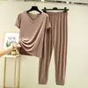 Conjunto de calça e blusa de modal com decote em V e manga curta de cintura alta, novo modelo de verão, estilo coreano, conjunto solto simples para ficar em casa, duas peças