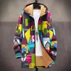 Chaqueta Transfronteriza de Estilo Nuevo con Patrones Multicolor, 13 Elementos, Cremallera, Cárdigan con Capucha, Abrigo de Algodón Polar Engrosado de Invierno con Forro Amarillo