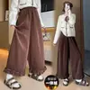 Pantalones de pana gruesos de estilo coreano dulce para otoño e invierno, forrados de forro polar, holgados, adelgazantes, con caída, suaves, con volantes y pierna ancha para mujer