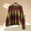 Suéter de lana fina a rayas con bloques de color y cuello redondo, con diseño de rayas clásico, delicado y cálido, versátil para otoño e invierno, ofreciendo una sensación de alta gama