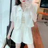 Conjunto de duas peças de shorts curtos de chiffon de verão 2025, novo, com mangas curtas, top de camisa fina de seda gelada com proteção solar, caxemira