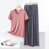 Conjunto de camiseta casual suelta fina de modal para mujer, primavera y verano, estilo coreano, manga corta, talla grande, conjunto delgado de dos piezas