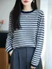 Suéter de punto fino de lana a rayas para mujer de principios de otoño, bloques de color con rayas horizontales, ligero y transpirable, ajuste ceñido de manga larga, capa base