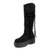 Botas Largas Tejidas con Tira de Borlas Vintage para Mujer, Nuevas Llegadas de Otoño, Para Figuras Pequeñas, Suela Gruesa, Que Aumentan la Altura, Fruncidas, Botas de Vaquero Holgadas