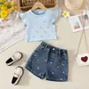 Amazon transfronteiriço 2025 roupas infantis verão novo meninas top com tachas e diamantes shorts jeans bordados conjunto