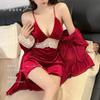 Pijama Sexy de Veludo Dourado Outono e Inverno Novo com Bojo Alça Fina Conjunto de Camisola Camisola Renda Duas Peças Roupa de Casa