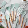 Conjunto de Utensílios de Cozinha de Silicone 11 Peças Barril de Armazenamento Cozimento Antiaderente Cabo de Madeira Utensílios de Cozinha de Silicone Colher e Espátula Utensílios de Cozinha