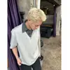 Camisa polo de imitación de dos piezas en gris jaspeado, camisa de verano a cuadros con retazos de manga corta para hombre con cuello de camisa, camiseta americana de media manga estilo universitario