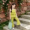 Conjunto de Tirantes de Verano 2026 Nuevo Vestido de Tirantes Fino de Seda de Hielo para Niñas Pantalones Acampanados de Nueve Puntos Conjunto de Dos Piezas Elegante de Moda
