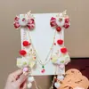 Presilha de Cabelo Infantil Estilo Antigo com Corrente para Sobrancelha, Presilha Vermelha para Meninas, Acessório de Cabelo com Flor e Franja de Pérolas para Fotografia de Hanfu e Traje Tradicional