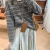 Camiseta de Manga Larga Rayada Vintage para Mujer, Cuello Redondo Holgado, Transpirable y Amigable con la Piel, Top Casual para Principios de Primavera, Nuevo