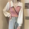 Top de malha falso de duas peças retrô francês feminino outono design de gola V senso de design nicho costura manga lanterna curto de tricô