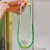 Collar de Cadena para Clavícula de Doble Capa con Perla Artificial de Cristal de Alto Brillo y Calcedonia Verde Natural de Alta Calidad
