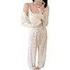 Pijama com Bojo para Mulheres, Primavera e Verão Desenho Animado Doce com Alças Finas, Cardigãs, Calças Compridas, Conjunto de Três Peças, Roupa de Casa Que Pode Ser Usada Fora